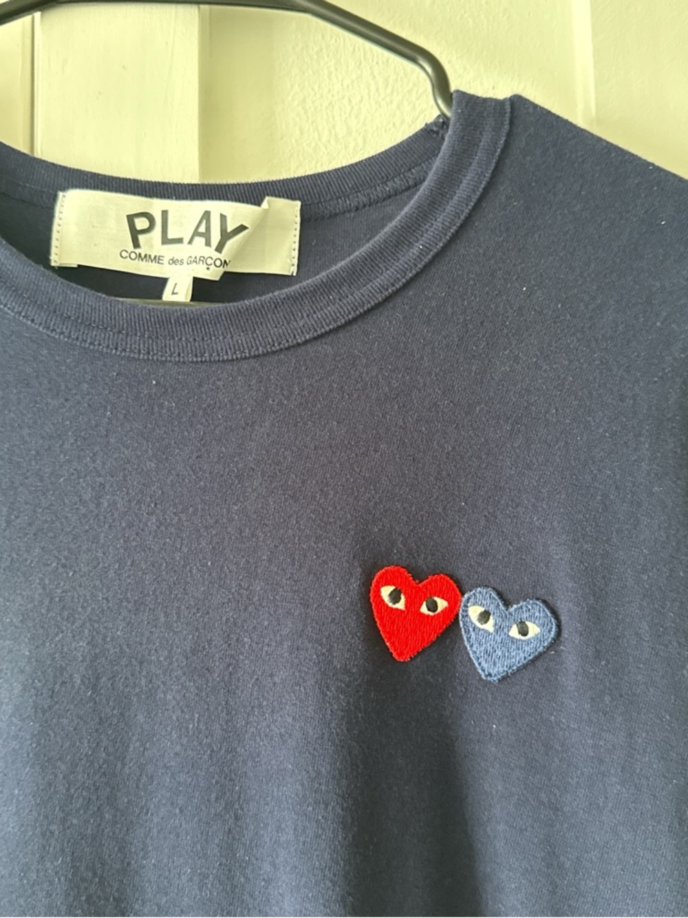 Comme des Garçons PLAY Navy Tee with Red & Blue Heart Patches